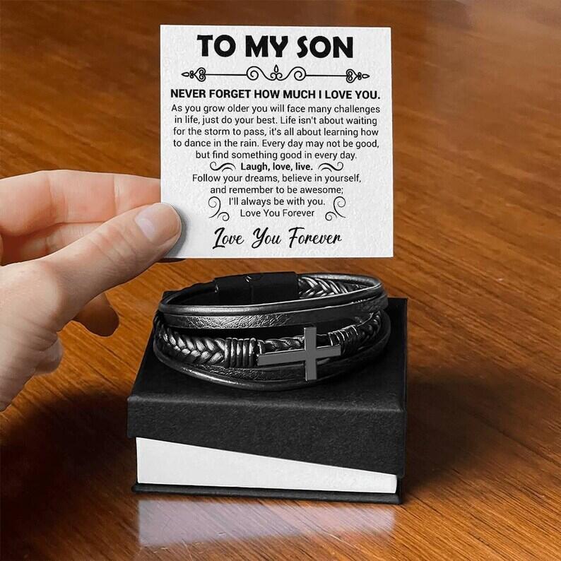 "To My Son" - Leather Bracelet With Cross