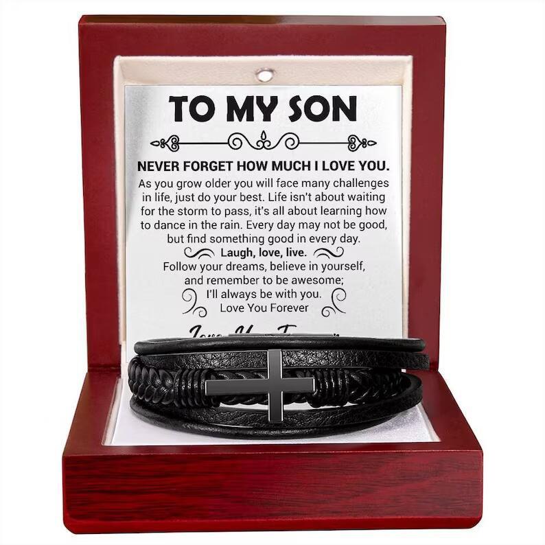 "To My Son" - Leather Bracelet With Cross