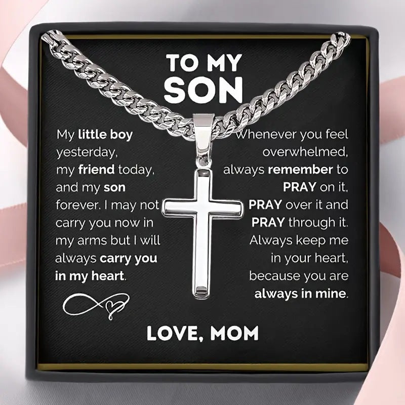 "To My Son" - Personalized Cross Pendant Necklace for Men — With Card & Gift Box
