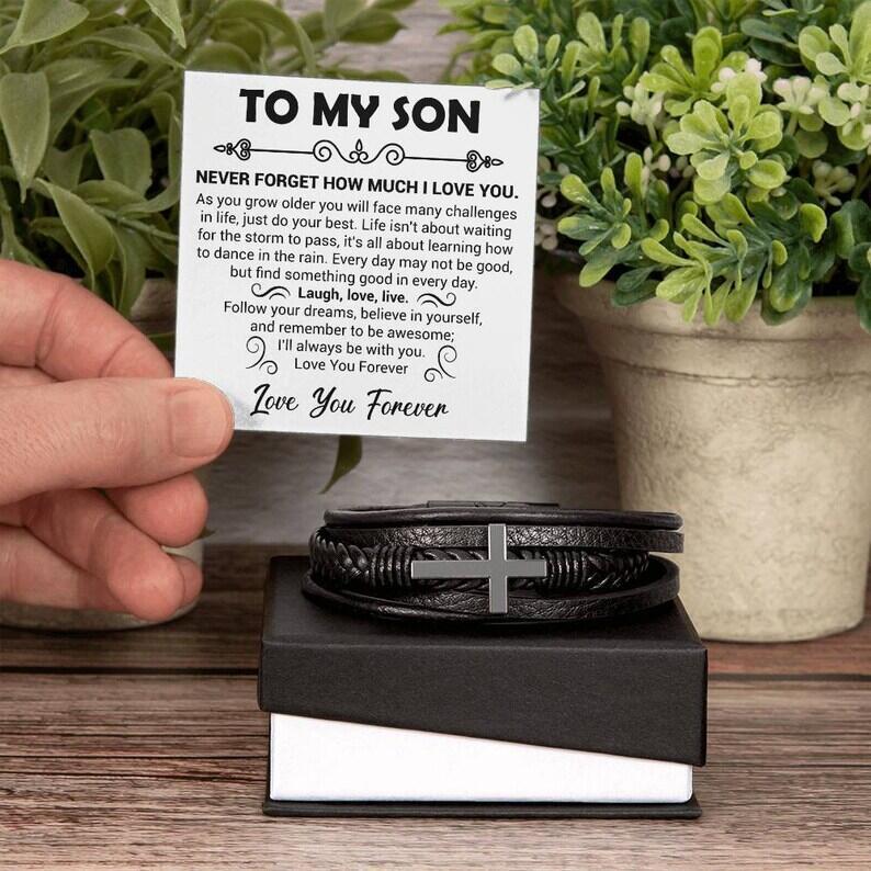 "To My Son" - Leather Bracelet With Cross