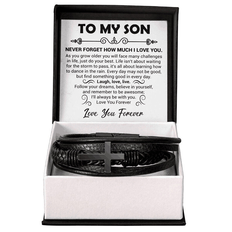 "To My Son" - Leather Bracelet With Cross