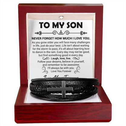 "To My Son" - Leather Bracelet With Cross