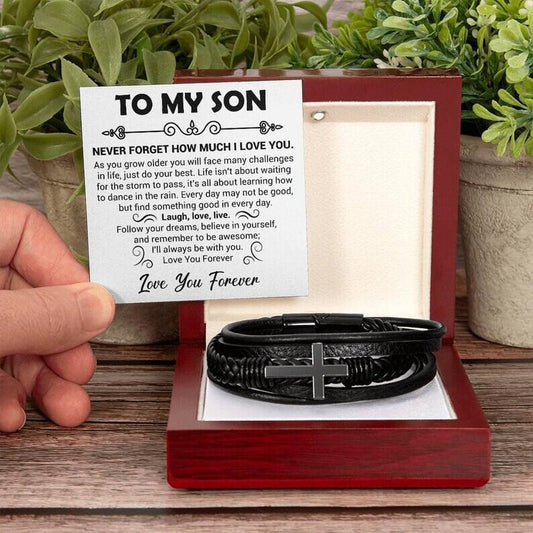 "To My Son" - Leather Bracelet With Cross