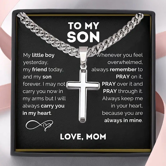 "To My Son" - Personalized Cross Pendant Necklace for Men — With Card & Gift Box